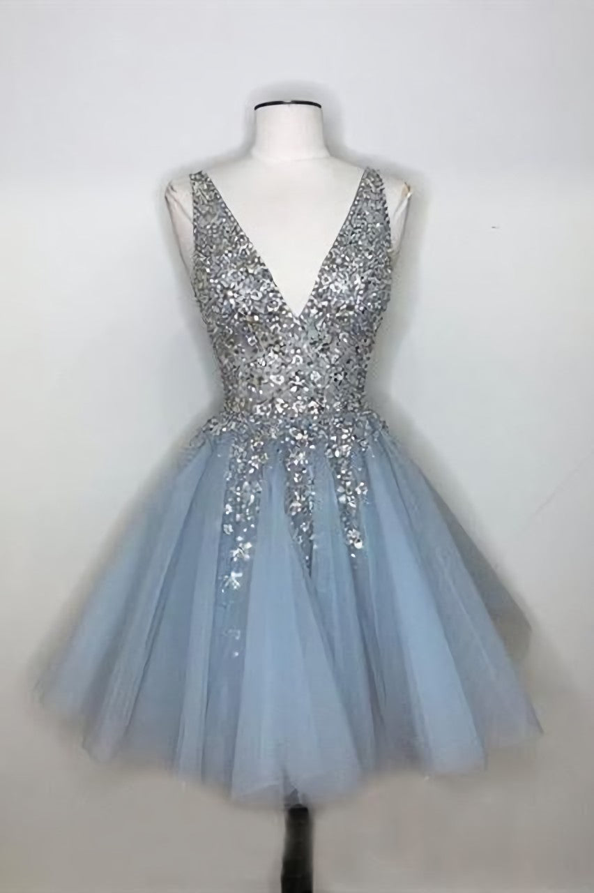 Sparkly A-line Deep V-neck Light Blue Short Homecoming Dresses