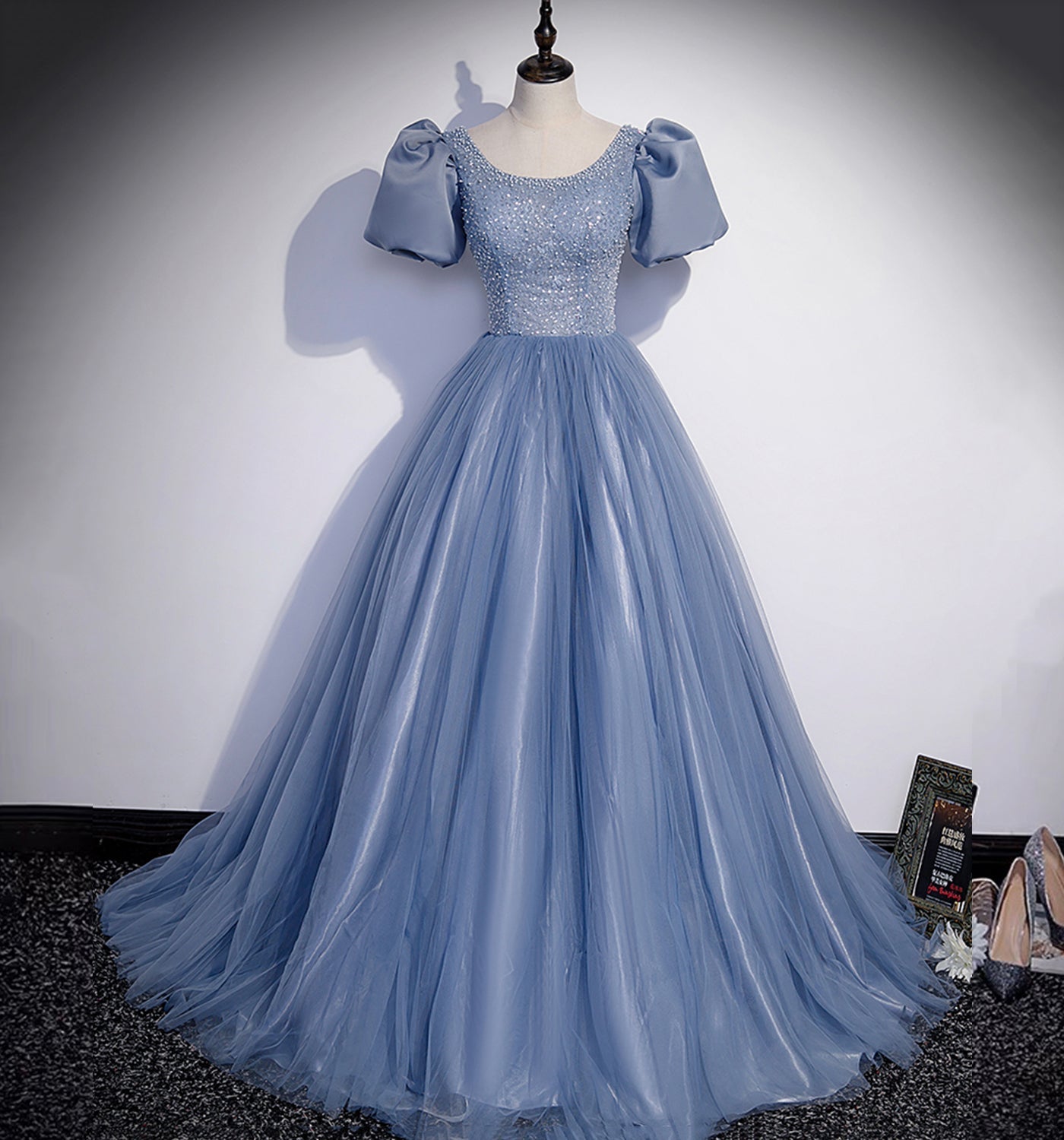 Blue Tulle Long Prom Dress, A Line Evening Gown