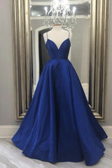 Blue Satin Long Prom Dress, A Line Prom Dress