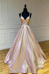 Cute V Neck Satin Long Prom Dress, A Line Evening Gown