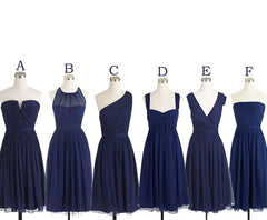 Short Navy Blue Chiffon Mismatch Maid Of Honor Girls Group In Knee Length Simple Cheap Prom Dresses