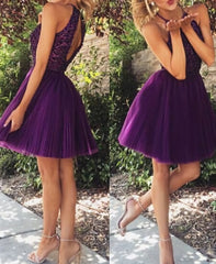2023 New Arrival Open Back Purple Tulle Short High Neck Halter Bodice Grape Mini Prom Dresses