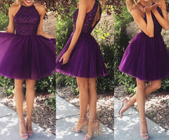 2023 New Arrival Open Back Purple Tulle Short High Neck Halter Bodice Grape Mini Prom Dresses