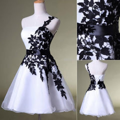 Hot Sales Vintage Black Lace White Organza Short One Shoulder Belt Custom Made Hd021 Prom Dresses