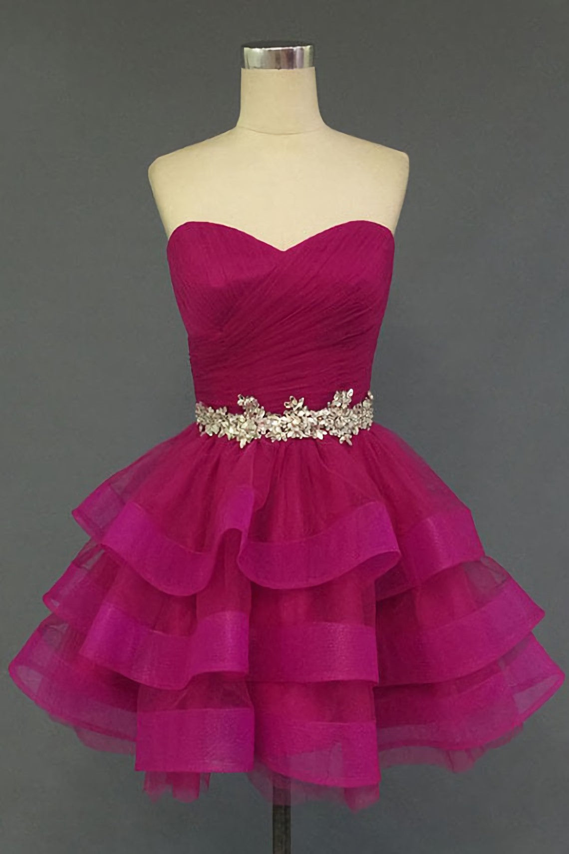 Hot Pink Organza Sweetheart Neckline Short Beadings Belt Tiered Rose Red Layers Prom Dresses