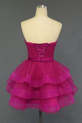 Hot Pink Organza Sweetheart Neckline Short Beadings Belt Tiered Rose Red Layers Prom Dresses