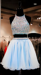 Two Pieces Light Blue Short High Neck Open Back Rhinestones Mid Section Sky Blue Prom Dresses