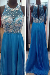 High Neck See Through O Back Dark Blue Chiffon Long Open Back Beaded Crystal A Line Bodice Sexy Prom Dresses