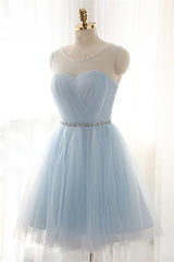 Simple Light Blue Short Tulle Cheap Elegant Charming Homecoming Dresses