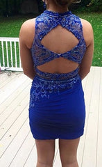 2 Pieces Mermaid Short Sweet 16 Royal Blue Open Back Prom Dresses