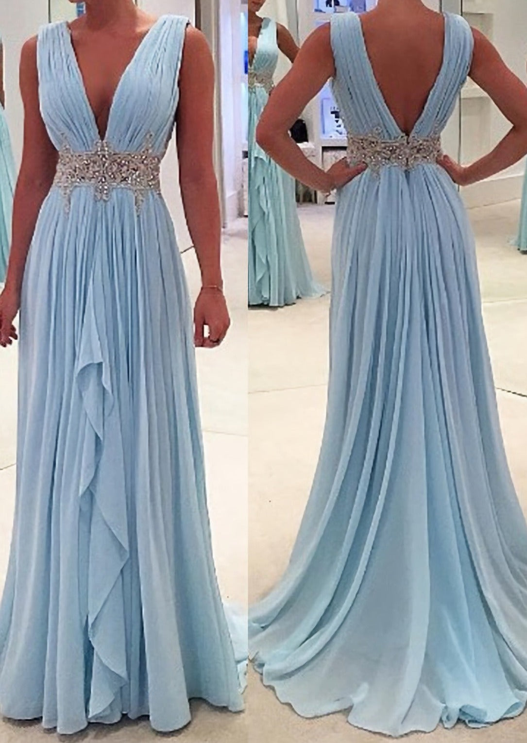 Hot Sales Light Blue A Line Deep V Neck Off The Shoulder Beads High Low Back V Long Charming Woman Prom Dresses Main image