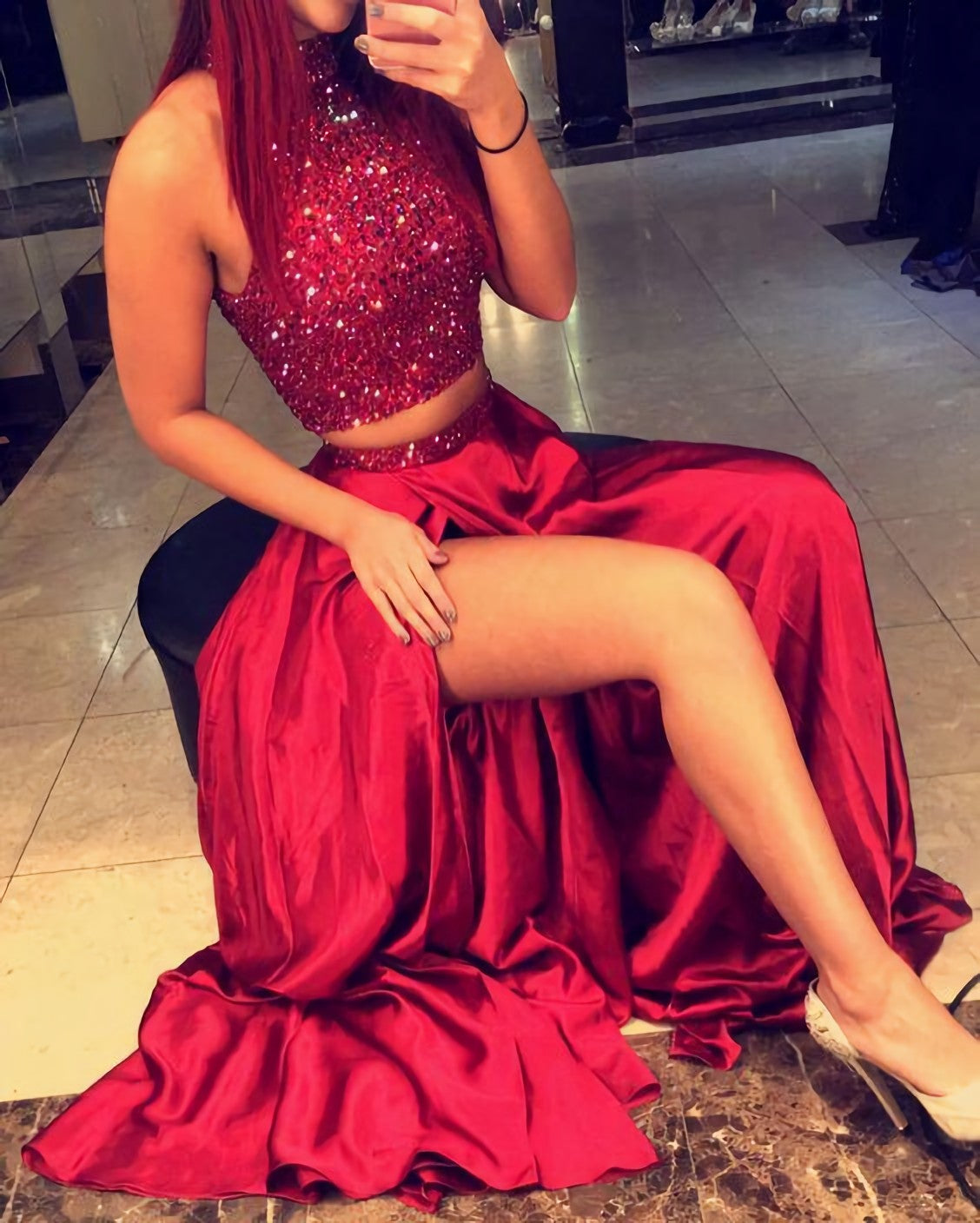 Two Pieces Sexy Red Long Prom Dresses