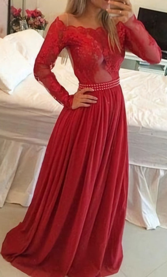 Charming Lace Long Sleeves Red Chiffon Prom Dresses