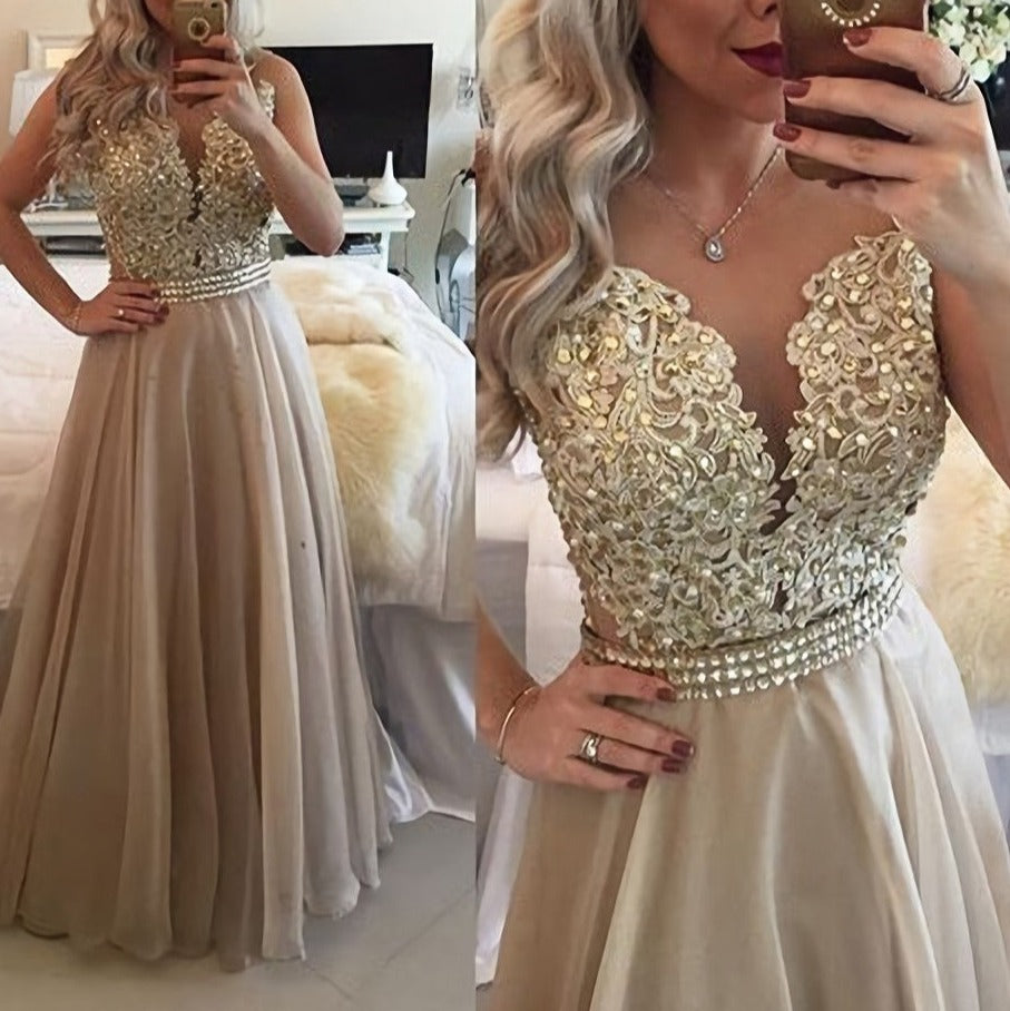 A Line Beading Champagne For Women Long Prom Dresses Main image
