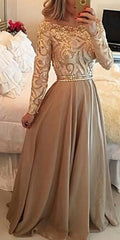 Champagne Beading Lace Rvrning Long Sleeves A Line Prom Dresses