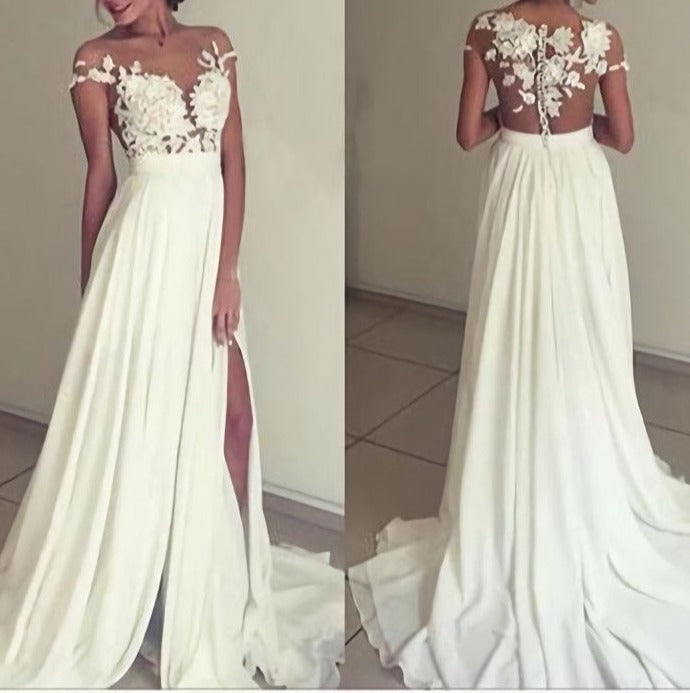 Chiffon Simple Long White Split Prom Dresses