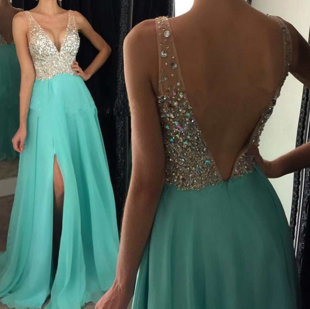 A Line Beading V Neck Sexy Girls Prom Dresses