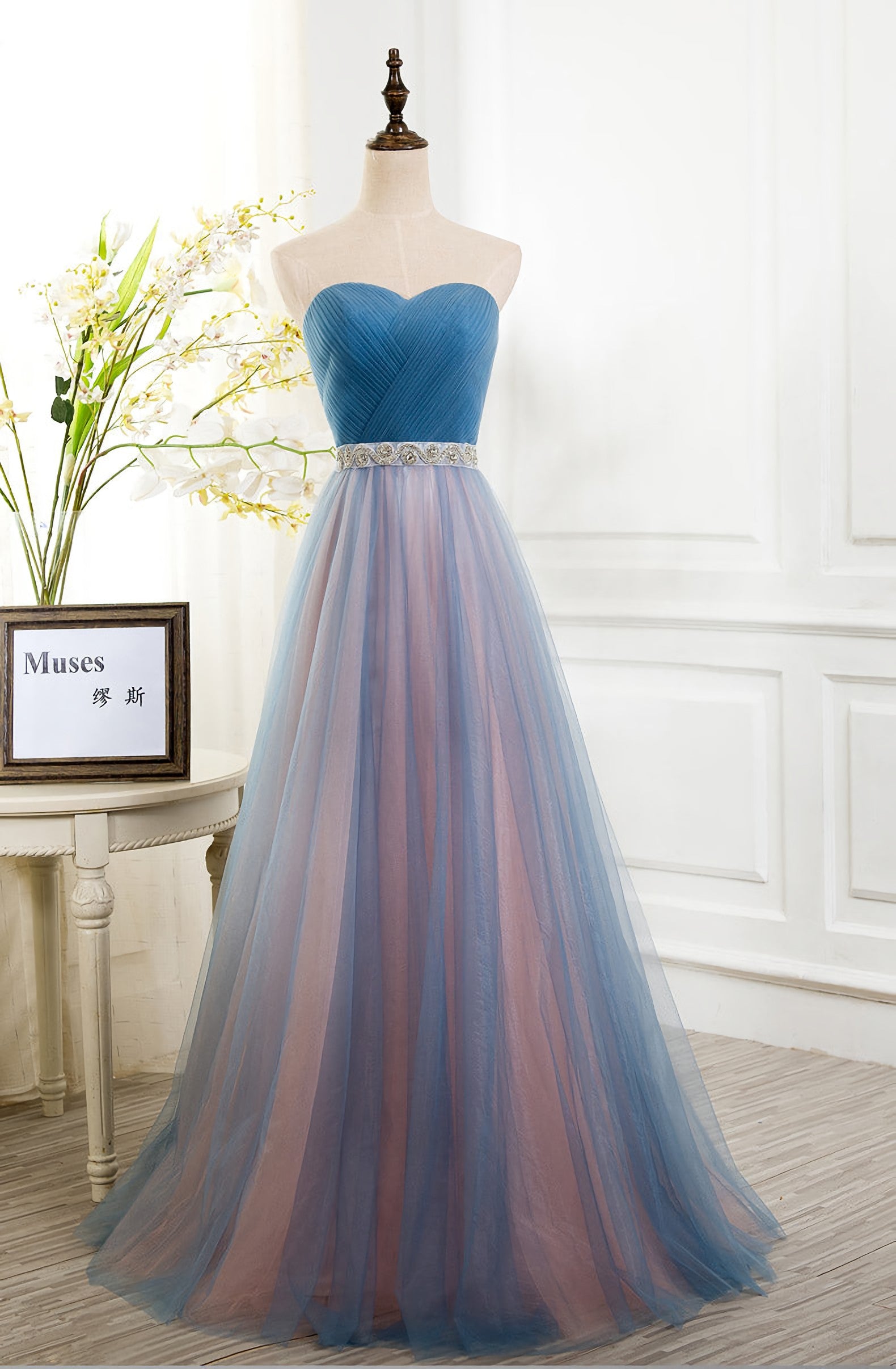 Sweetheart Blue Peach Tulle Strapless Long Pleated Sexy A Line With Beads Sashes Prom Dresses