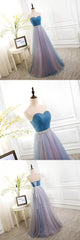Sweetheart Blue Peach Tulle Strapless Long Pleated Sexy A Line With Beads Sashes Prom Dresses