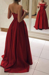Red Long Satin Simple Sweetheart 2023 Prom Dresses