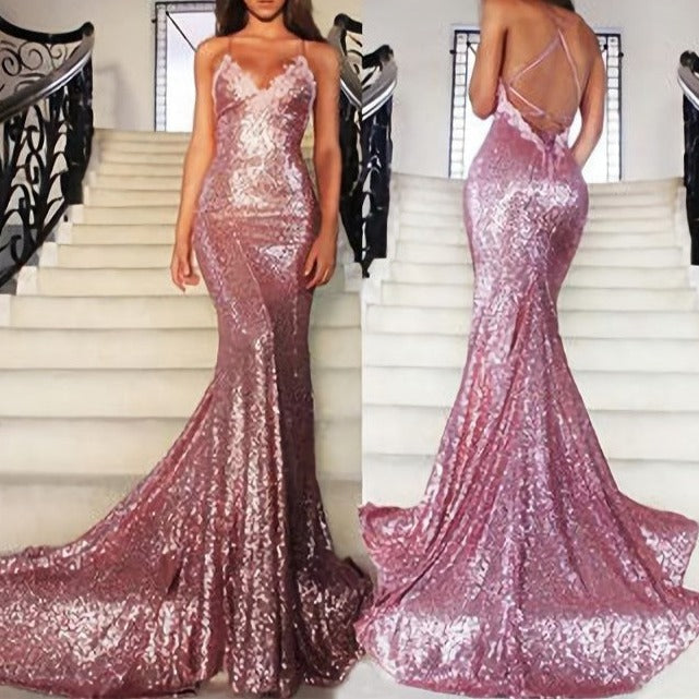 Trumpet Mermaid Spaghetti Straps Backless Sequins 2023 Sexy Prom Dresses
