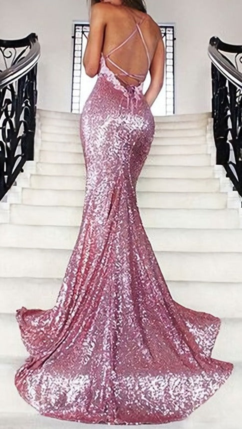 Trumpet Mermaid Spaghetti Straps Backless Sequins 2023 Sexy Prom Dresses