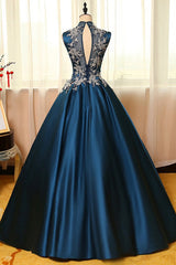 Blue Dreses Satins Lace Applique A Line Long Prom Dresses