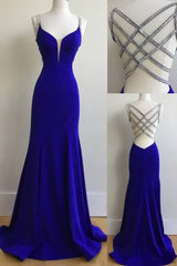 Sexy Mermaid Spaghetti Straps Royal Blue Long With Beading Sexy Prom Dresses