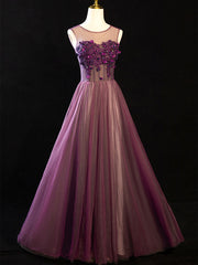 Purple Floral Long Lace Prom Dresses For Black girls For Women, Purple Floral Long Lace Formal Evening Dresses