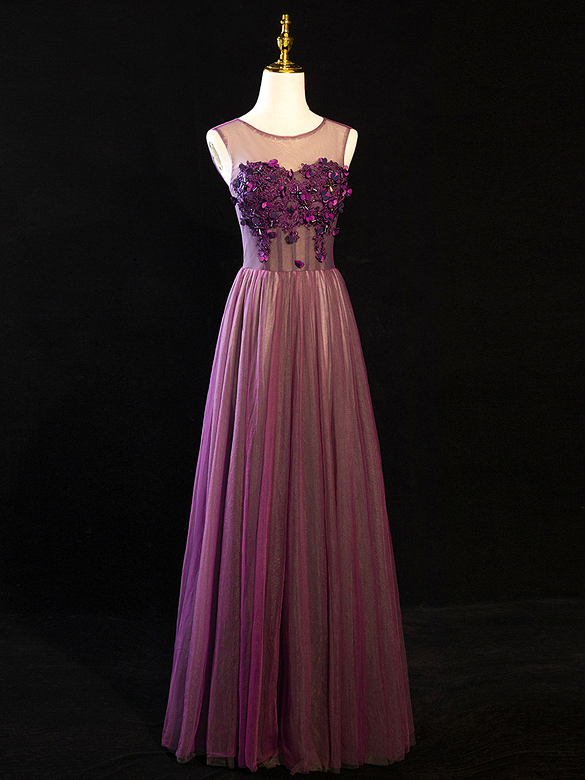Purple Floral Long Lace Prom Dresses For Black girls For Women, Purple Floral Long Lace Formal Evening Dresses