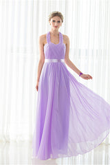 Purple Halter Chiffon Backless Pleats Long Bridesmaid Dresses