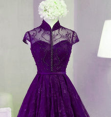 Purple Lace Knee Length Homecoming Dress Outfits For Girls, Purple Lace Short Prom Dress