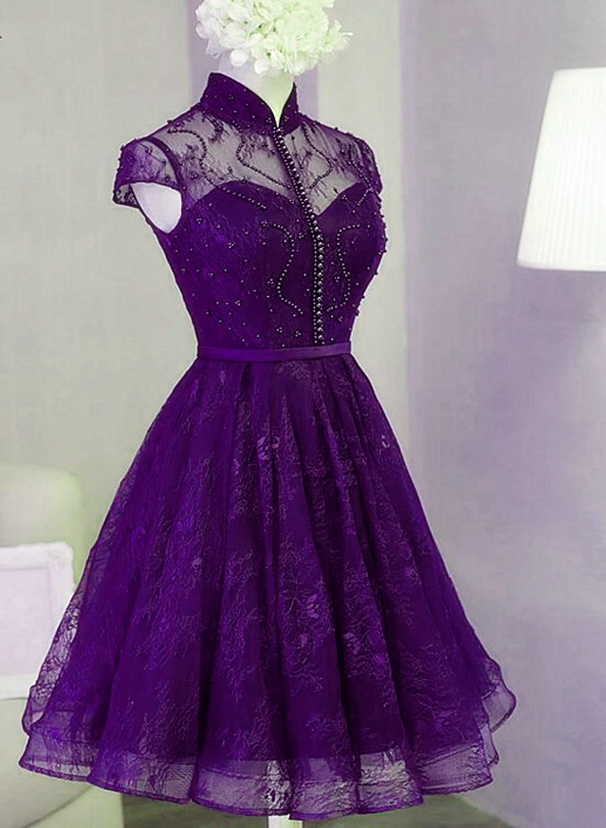 Purple Lace Knee Length Homecoming Dress Outfits For Girls, Purple Lace Short Prom Dress