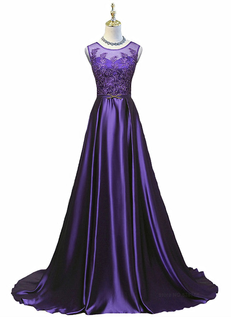 Purple Long Round Neckline Prom Dress Outfits For Girls, Satin Wedding Party Dress