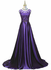 Purple Long Round Neckline Prom Dress Outfits For Girls, Satin Wedding Party Dress