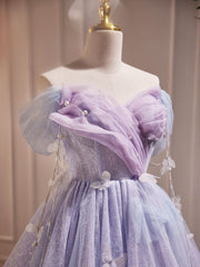 Purple Off Shoulder Tulle Short Prom Dress Outfits For Girls, Purple Homecoming Dress