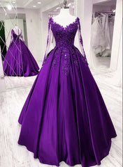 Purple Satin Long Sleeves with Lace Applique Party Dress Outfits For Girls, A-line Sweet 16 Dress