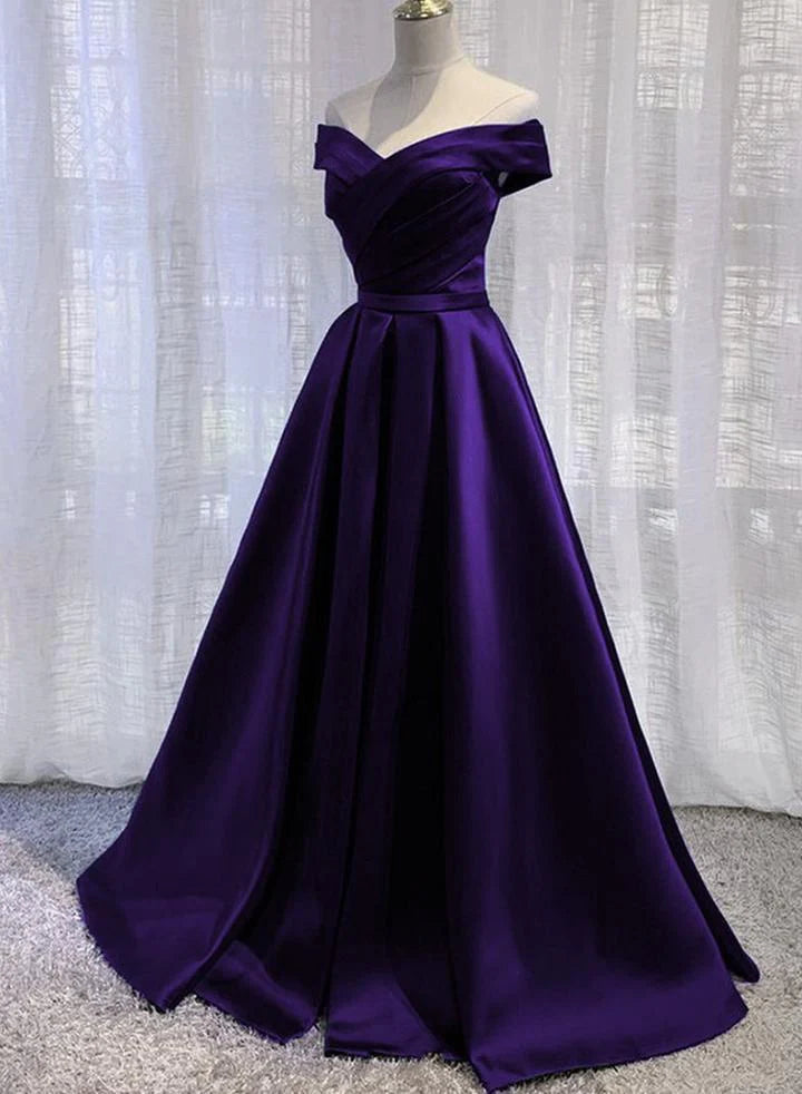 Purple Satin Off Shoulder Long Prom Dress Outfits For Girls, A-line Simple Purple Formal Dress