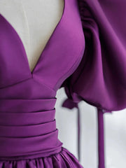 Purple Satin Puffy Sleeves Long Party Dress Outfits For Girls, Dark Purple Evening Dress