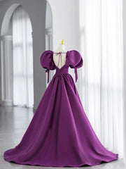 Purple Satin Puffy Sleeves Long Party Dress Outfits For Girls, Dark Purple Evening Dress