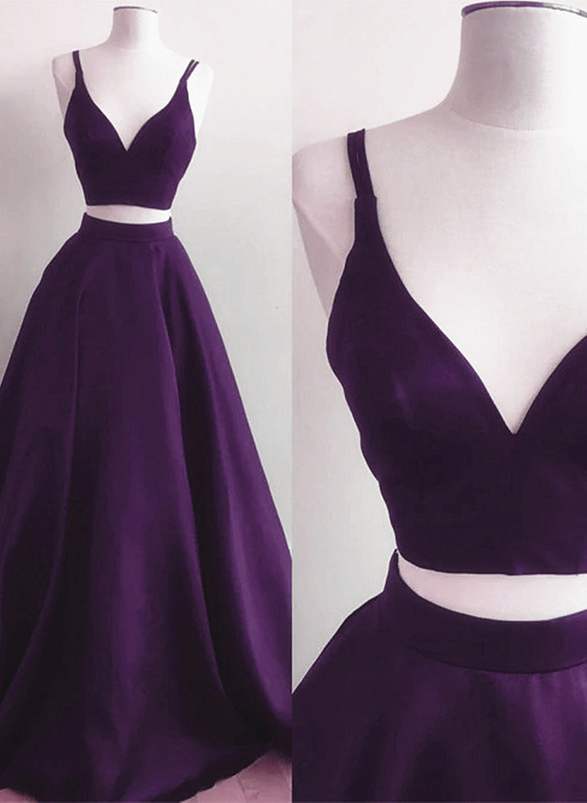 Purple Satin Two Piece Long Party Dress Outfits For Girls, A-line Purple Evening Dress Outfits For Women Prom Dress