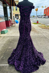 Purple Sequin Off-the-Shoulder Lace-Up Mermaid Prom Dresses For Black girls Evening Gowns