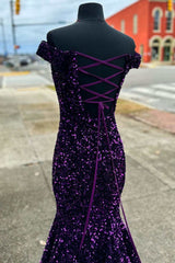 Purple Sequin Off-the-Shoulder Lace-Up Mermaid Prom Dresses For Black girls Evening Gowns