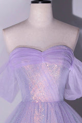 Purple Sequins Long A-Line Prom Dress Outfits For Girls, Off the Shoulder Evening Party Dress