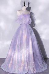 Purple Sequins Long A-Line Prom Dress Outfits For Girls, Off the Shoulder Evening Party Dress