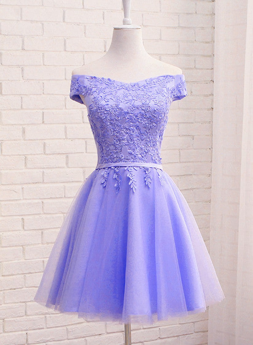 Purple Short Sleeves Lace Off Shoulder Party Dress Outfits For Girls, Cute Purple Homecoming Dress