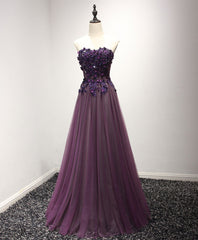 Purple Sweetheart Neck Lace Long Prom Dress Outfits For Girls, Formal Dress