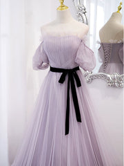 Purple tulle A line long prom Dress Outfits For Girls, purple bridesmaid dress