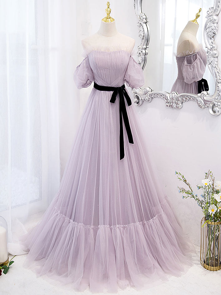 Purple tulle A line long prom Dress Outfits For Girls, purple bridesmaid dress