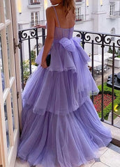 Purple Tulle A-line Spaghetti Straps Prom Dresses, Long Formal Dress,dresses for party events